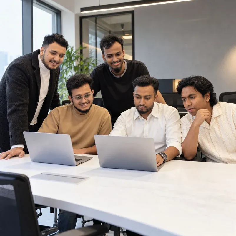 The Probfly IT team working together at a laptop