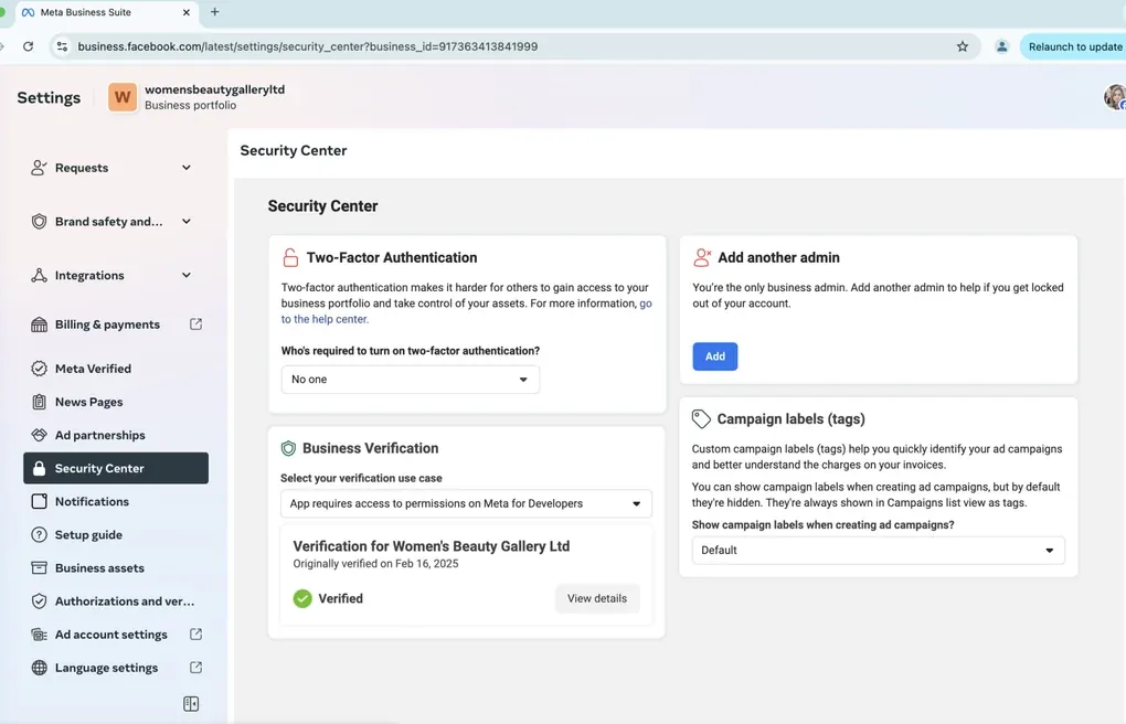 Meta Business Suite Security Center showing Business Verification marked Verified for Women’s Beauty Gallery Ltd