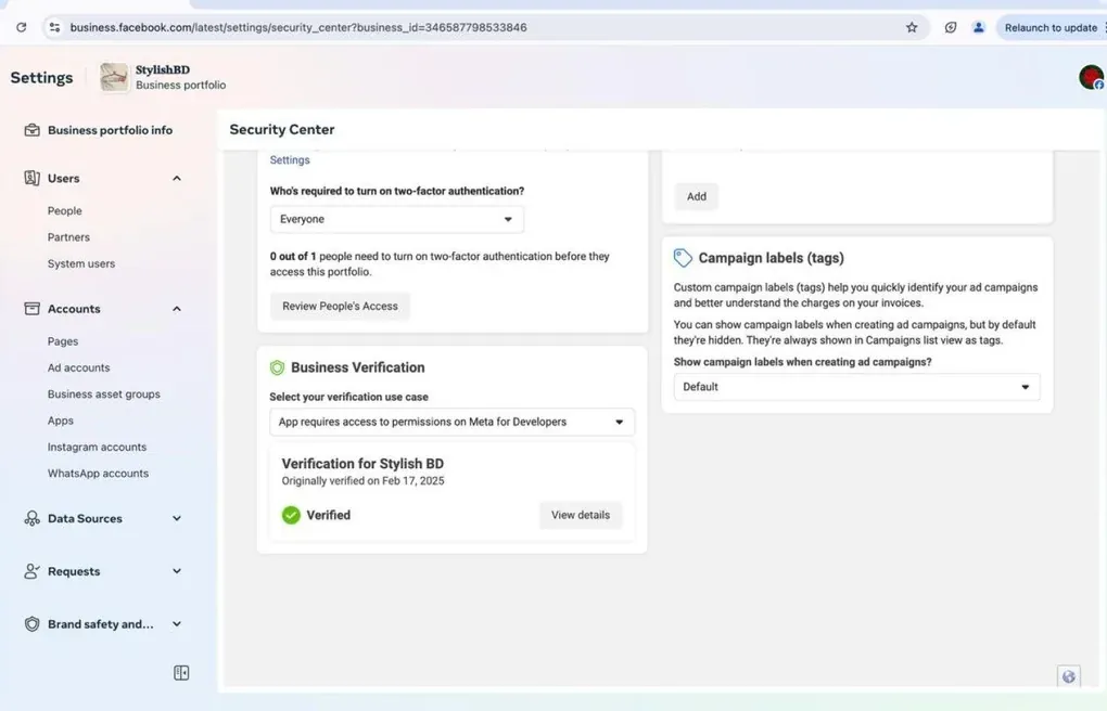Meta Business Suite Security Center showing Business Verification marked Verified for Stylish BD