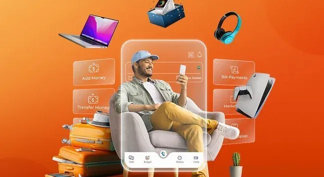 Ad creative: a shopper on a phone surrounded by product cards